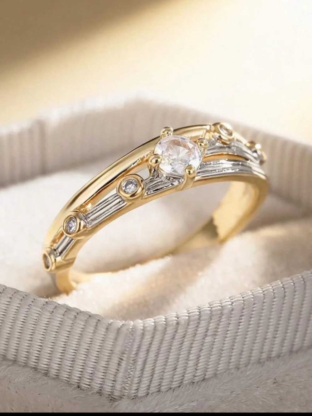 Luxury Gold Solitaire Ring with Round Cut Crystal Elegant Bridal Promise Ring